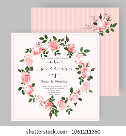 Save the date card, wedding invitation, greeting card with beautiful roses flowers and letters "The Wedding of"