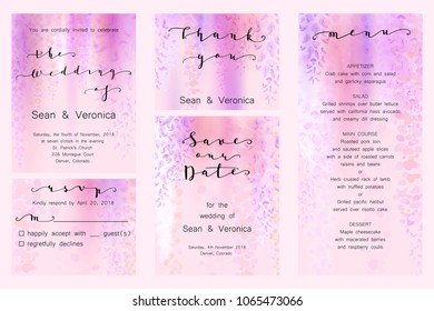 Save the date card, wedding invitation, greeting card with beautiful wisteria flowers and letters "Save The Date", "The Wedding of". Vector EPS10