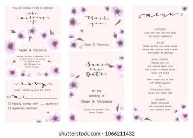 Save the date card, wedding invitation, greeting card with beautiful anemones flowers and letters "The Wedding of". Vector EPS10