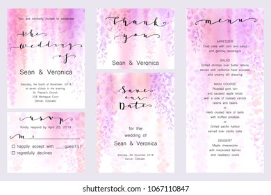 Save the date card, wedding invitation, greeting card with beautiful wisteria flowers and letters "Save The Date", "The Wedding of". Vector EPS10