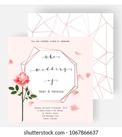 Save the date card, wedding invitation, greeting card with beautiful roses flowers and letters "The Wedding of". Set of card with flower, leaves and geometrical frame. Vector EPS10