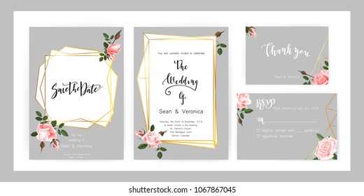 Save the date card, wedding invitation, greeting card with beautiful roses flowers and letters "The Wedding of". Set of card with flower, leaves and geometrical frame. Vector EPS10