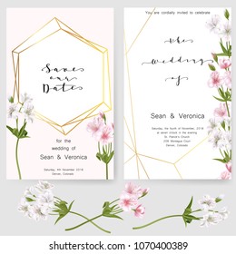 Save the date card, wedding invitation, greeting card with beautiful flowers and letters