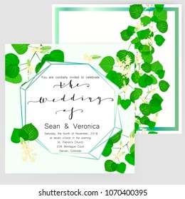 Save the date card, wedding invitation, greeting card with beautiful flowers, green leaves of linden and letters