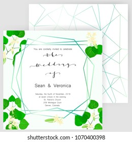 Save the date card, wedding invitation, greeting card with beautiful flowers, green leaves of linden and letters