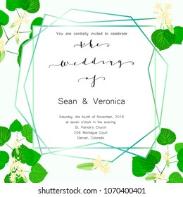 Save the date card, wedding invitation, greeting card with beautiful flowers, green leaves of linden and letters