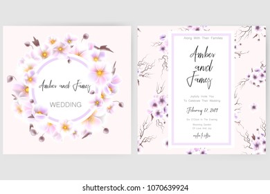 Save the date card, wedding invitation, greeting card with beautiful anemones flowers. Set of card with flower, leaves and geometrical frame. Vector EPS10