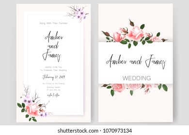 Save the date card, wedding invitation, greeting card with beautiful roses flowers. Set of card with flower, leaves and geometrical frame. Vector EPS10