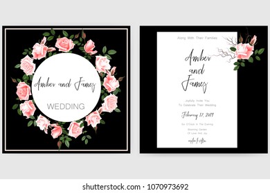 Save the date card, wedding invitation, greeting card with beautiful roses flowers. Set of card with flower, leaves and geometrical frame. Vector EPS10