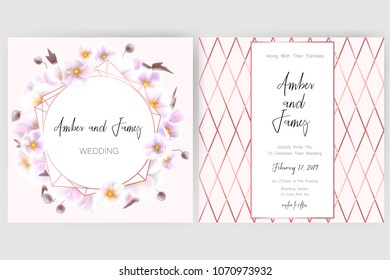 Save the date card, wedding invitation, greeting card with beautiful anemones flowers. Set of card with flower, leaves and geometrical frame. Vector EPS10