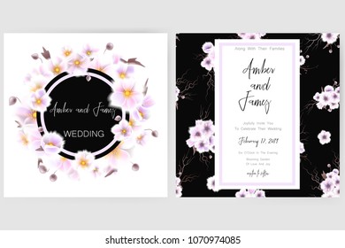 Save the date card, wedding invitation, greeting card with beautiful anemones flowers. Set of card with flower, leaves and geometrical frame. Vector EPS10