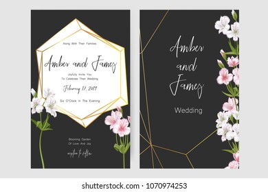 Save the date card, wedding invitation, greeting card with beautiful Alstroemeria flowers and letters "The Wedding of". Set of card with flower, leaves and geometrical frame. Vector EPS10