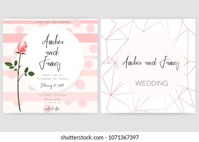 Save the date card, wedding invitation, greeting card with beautiful roses flowers. Set of card with flower, leaves and geometrical frame. Vector EPS10