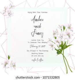 Save the date card, wedding invitation, greeting card with beautiful flowers. Set of card with flower, leaves and geometrical frame. Vector EPS10