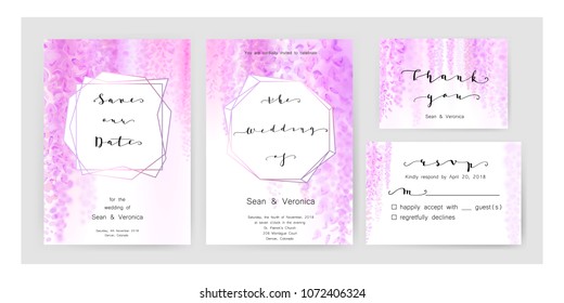 Save the date card, wedding invitation, greeting card with beautiful wisteria flowers and letters "Save The Date", "The Wedding of". Vector EPS10
