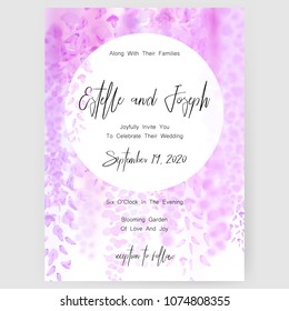 Save the date card, wedding invitation, greeting card with beautiful wisteria flowers. Vector EPS10