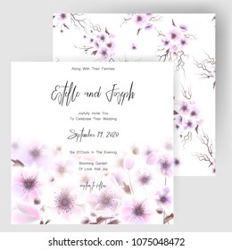 Save the date card, wedding invitation, greeting card with beautiful anemones flowers. Set of card with flower, leaves and geometrical frame. Vector EPS10
