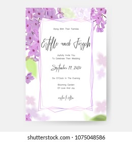 Save the date card, wedding invitation, greeting card with beautiful lilac flowers and letters The Wedding of . Set of card with flower, leaves and geometrical frame. Vector EPS10