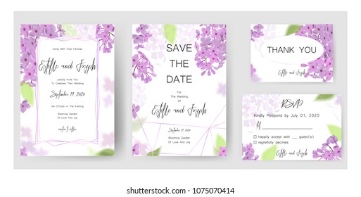 Save the date card, wedding invitation, greeting card with beautiful lilac flowers and letters The Wedding of . Set of card with flower, leaves and geometrical frame. Vector EPS10