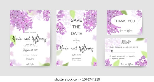 Save the date card, wedding invitation, greeting card with beautiful lilac flowers and letters The Wedding of . Set of card with flower, leaves and geometrical frame. Vector EPS10