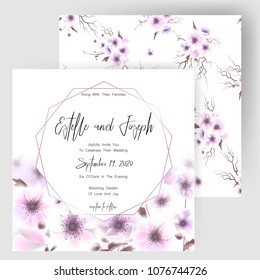 Save the date card, wedding invitation, greeting card with beautiful anemones flowers. Set of card with flower, leaves and geometrical frame. Vector EPS10