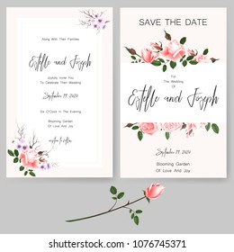 Save the date card, wedding invitation, greeting card with beautiful roses flowers, green leaves of linden