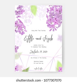 Save the date card, wedding invitation, greeting card with beautiful lilac flowers and letters The Wedding of . Set of card with flower, leaves and geometrical frame. Vector EPS10