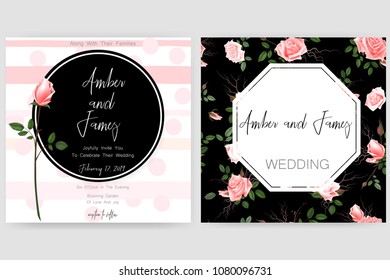 Save the date card, wedding invitation, greeting card with beautiful roses flowers. Set of card with flower, leaves and geometrical frame. Vector EPS10