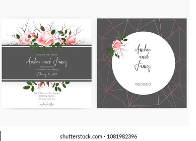 Save the date card, wedding invitation, greeting card with beautiful roses flowers. Set of card with flower, leaves and geometrical frame. Vector EPS10