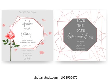 Save the date card, wedding invitation, greeting card with beautiful roses flowers. Set of card with flower, leaves and geometrical frame. Vector EPS10
