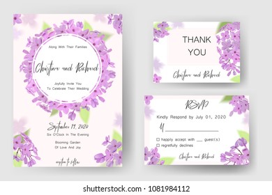 Save the date card, wedding invitation, greeting card with beautiful lilac flowers. Set of card with flower, leaves and geometrical frame. Vector EPS10