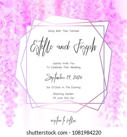 Save the date card, wedding invitation, greeting card with beautiful wisteria flowers. Vector EPS10