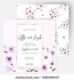 Save the date card, wedding invitation, greeting card with beautiful anemones flowers. Set of card with flower, leaves and geometrical frame. Vector EPS10