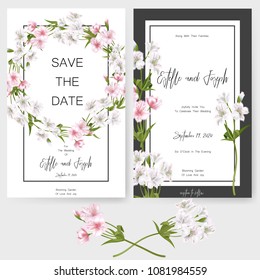 Save the date card, wedding invitation, greeting card with beautiful Alstroemeria flowers. Set of card with flower, leaves and geometrical frame. Vector EPS10