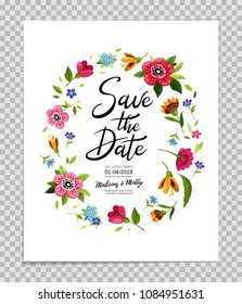 Save the Date card. Wedding invitation with calligraphy Save the Date. Lettering in flower frame. Are getting married. Flower wreath