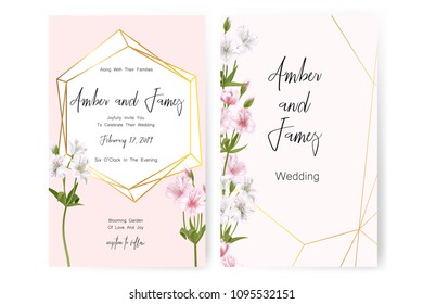 Save the date card, wedding invitation, greeting card with beautiful Alstroemeria flowers and letters "The Wedding of". Set of card with flower, leaves and geometrical frame. Vector EPS10