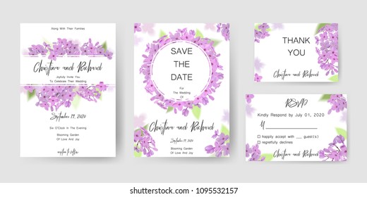 Save the date card, wedding invitation, greeting card with beautiful lilac flowers and letters The Wedding of . Set of card with flower, leaves and geometrical frame. Vector EPS10