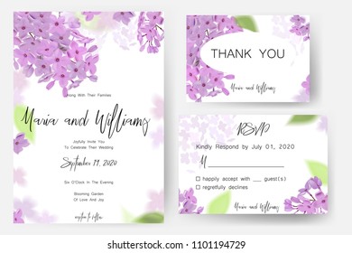 Save the date card, wedding invitation, greeting card with beautiful lilac flowers. Set of card with flower, leaves and geometrical frame. Vector EPS10