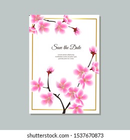 Save the Date card, wedding invitation or thank you note with Japanese sakura flowers hand drawn vector illustration on a white background. Spring floral design template.