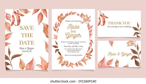 Save the date card, wedding invitation with brown foliage