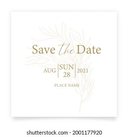 Save the date card. Wedding invitation template, with leaves in line. Minimalism style