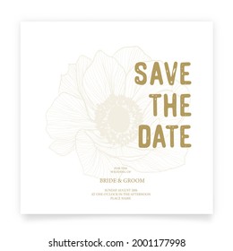 Guarda la tarjeta de fecha. Plantilla de invitación a la boda, con flores en línea. Estilo minimalista con caligrafía