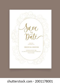 Guarda la tarjeta de fecha. Plantilla de invitación a la boda, con peonía floral en línea. Estilo minimalista con caligrafía