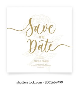 Save the date card. Wedding invitation template, with flower of rose and leaves in line. Minimalism style with calligraphy