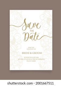 Save the date card. Wedding invitation template, with flowers peony in line. Minimalism style with calligraphy