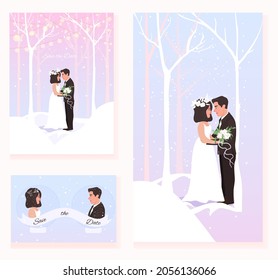 Save the date card, wedding invitation. Winter lovely landscape.  Cute bride and groom hold hands. Eye to eye, love vibes, flowers bouquet. Vector wedding set cards