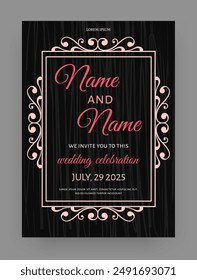 Save date card. Wedding invitation. Vintage frame. Newlyweds names. Holiday event. Elegant calligraphic lettering. Flourish classic border. Vector marriage celebration invite banner design template