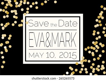 Save the date card. Wedding invitation with gold confetti