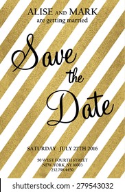 Save the date card. Wedding invitation with gold glitter texture 