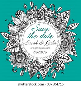 Save the date card or wedding invitation with hand drawn doodle fancy flowers on mint background.